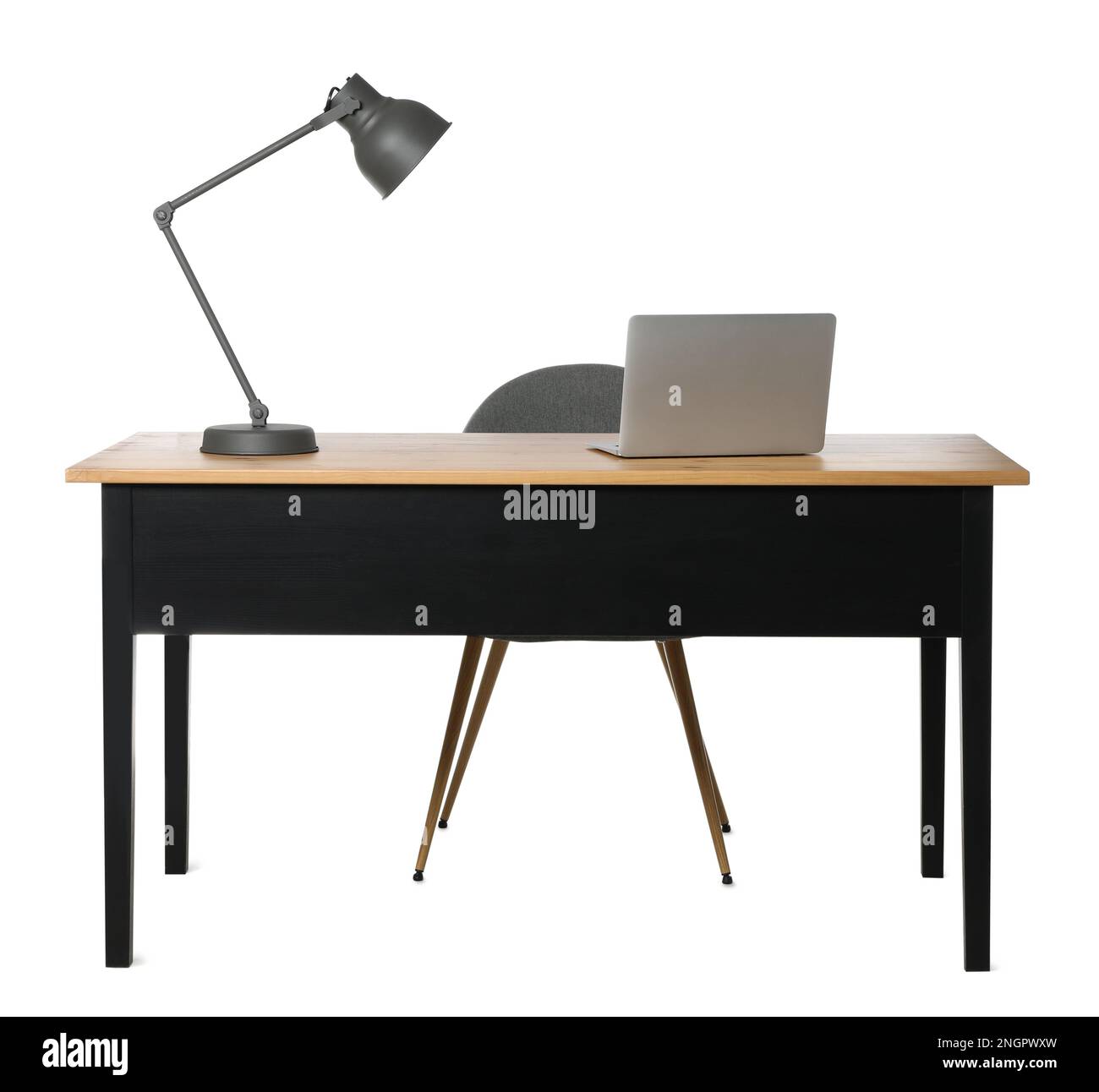 Stylish workplace with wooden desk and comfortable chair on white