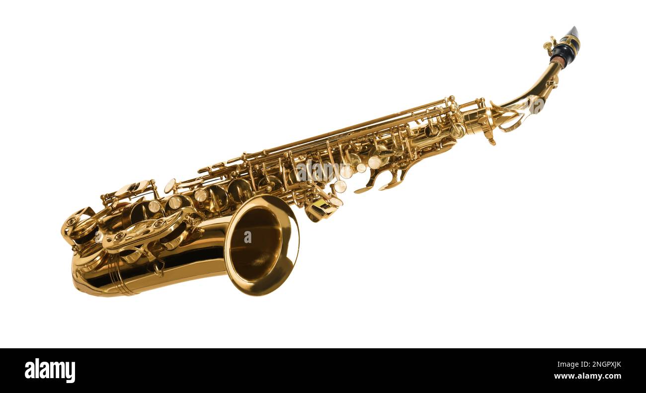 Beautiful saxophone isolated on white. Musical instrument Stock Photo