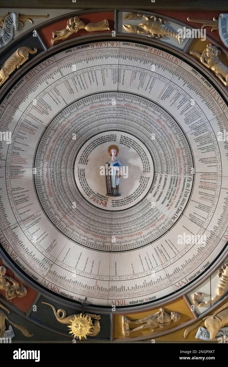 Astronomical clock, Horologium mirabile Lundense, 15th century, with St Lawrence in centre, Lund Cathedral, Lund, Sweden Stock Photo