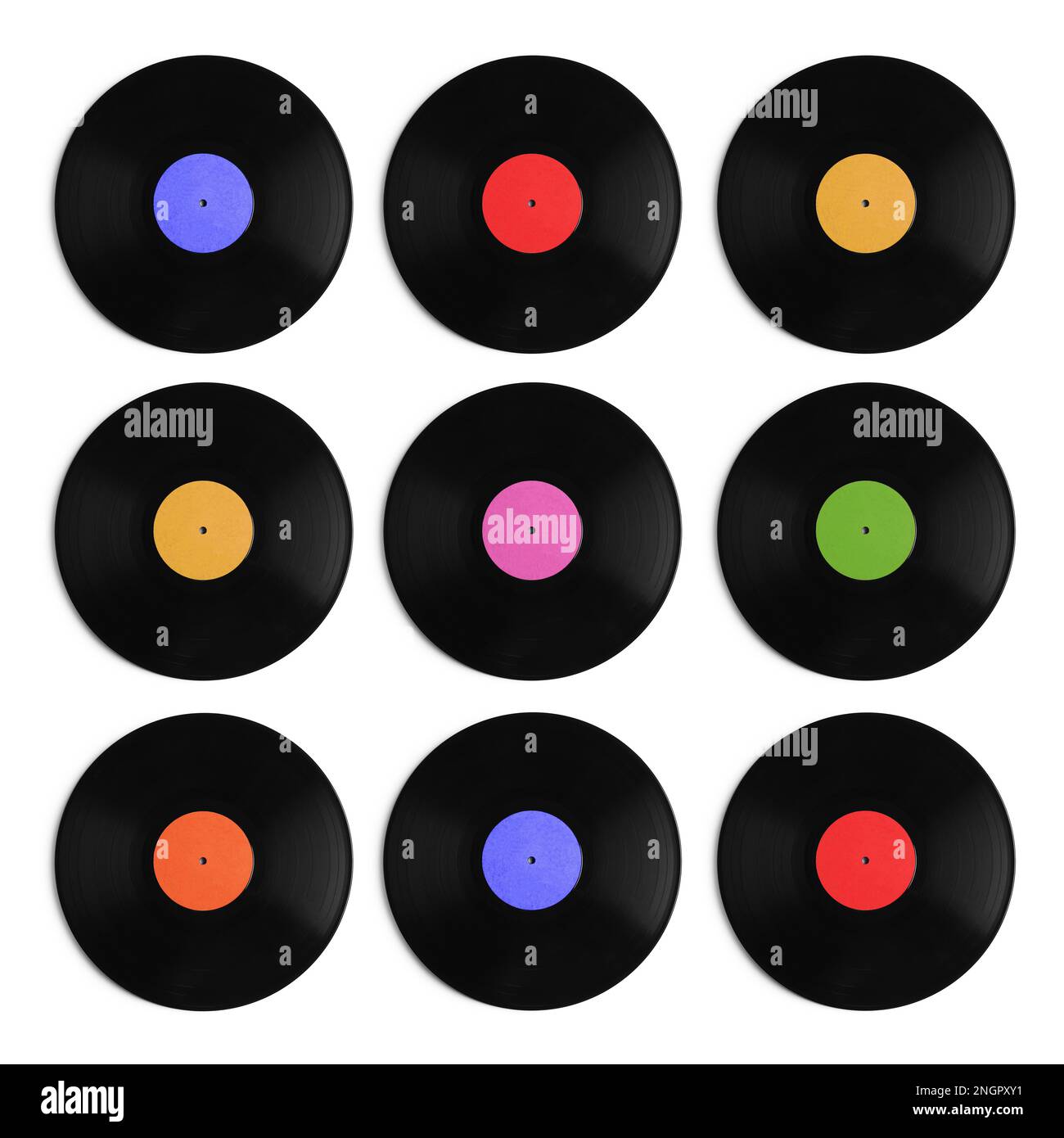 Set with vintage vinyl records on white background, top view Stock