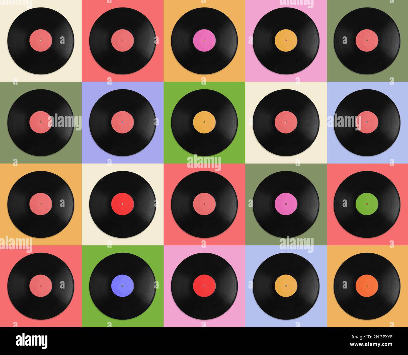 Collage with photos of vintage vinyl records on different color
