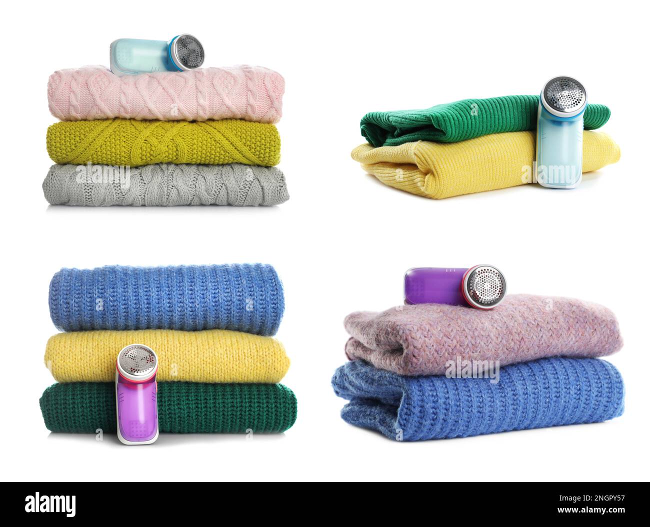 Fabric shavers and woolen clothes on white background, collage Stock Photo