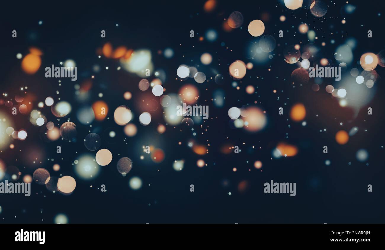 Glittering particles flying background, bokeh lights at night, blurry shiny speckles, orange blue white on black, wide banner size Stock Photo