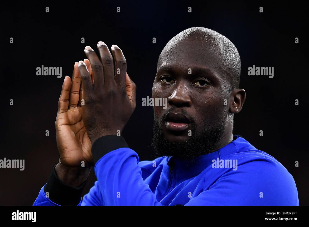 Milan, Italy. 18 February 2023. Romelu Lukaku of FC Internazionale gestures prior to the Serie A football match between FC Internazionale and Udinese Calcio. Credit: Nicolò Campo/Alamy Live News Stock Photo