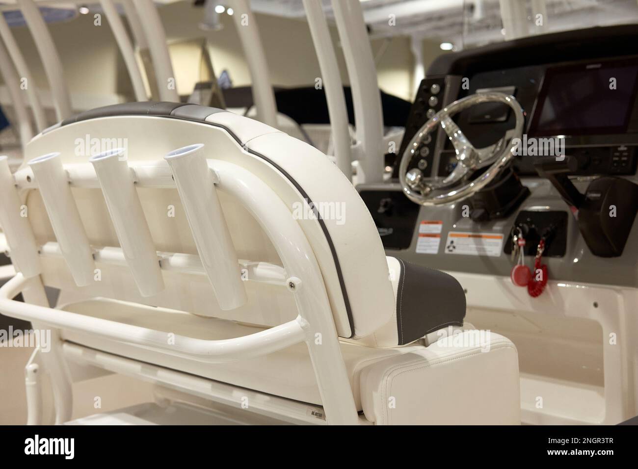 Closeup of a center console boat cockpit at the Seaside Boat Show in