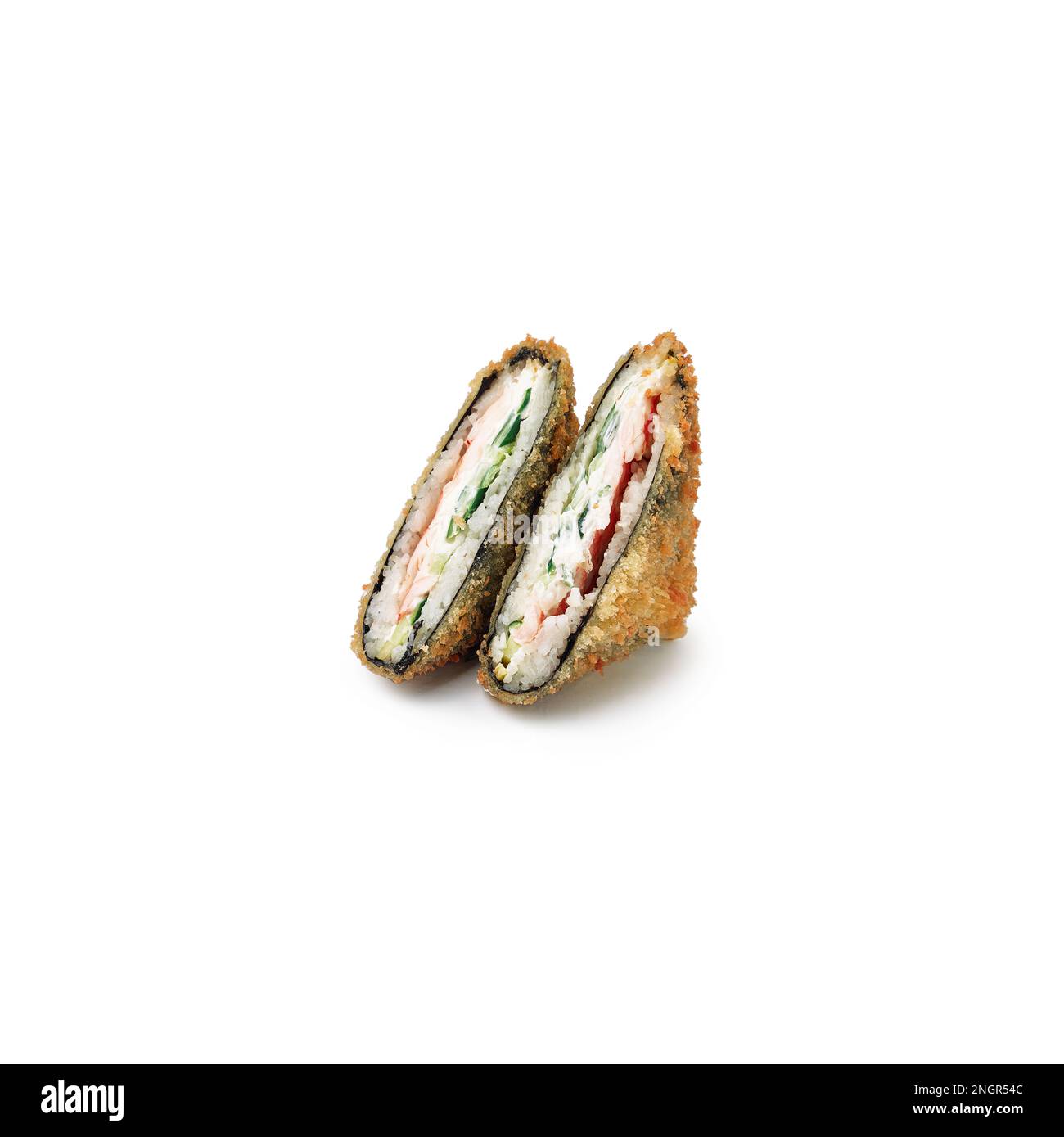 Tempura sandwich roll rice, cream cheese and cucumber white background