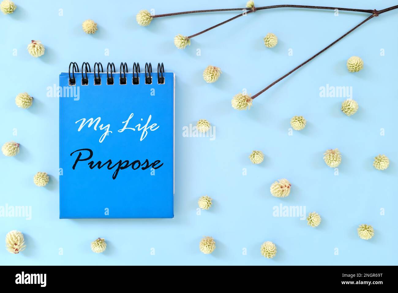 Life purpose concept. My life purpose written on blue notepad diary