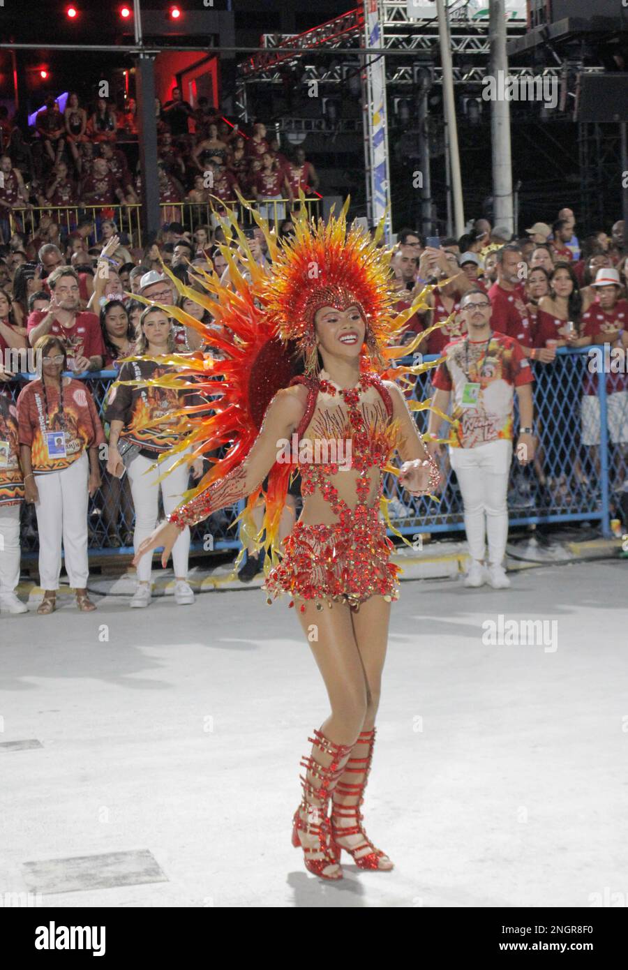 Rio De Janeiro, Brazil. 19th Feb, 2023. Wenny Isa, queen of the drums of  GRES Unidos de Bangu during the Serio Ouro Samba Schools Parade of Rio  Carnival, held at the Marques