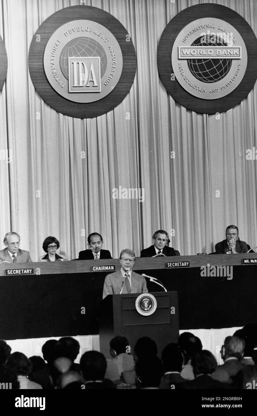 United States President Jimmy Carter addresses the opening session of the International Monetary Fund (IMF) annual meeting in Washington, DC on September 25, 1978. Credit: Benjamin E. 'Gene' Forte/CNP Stock Photo