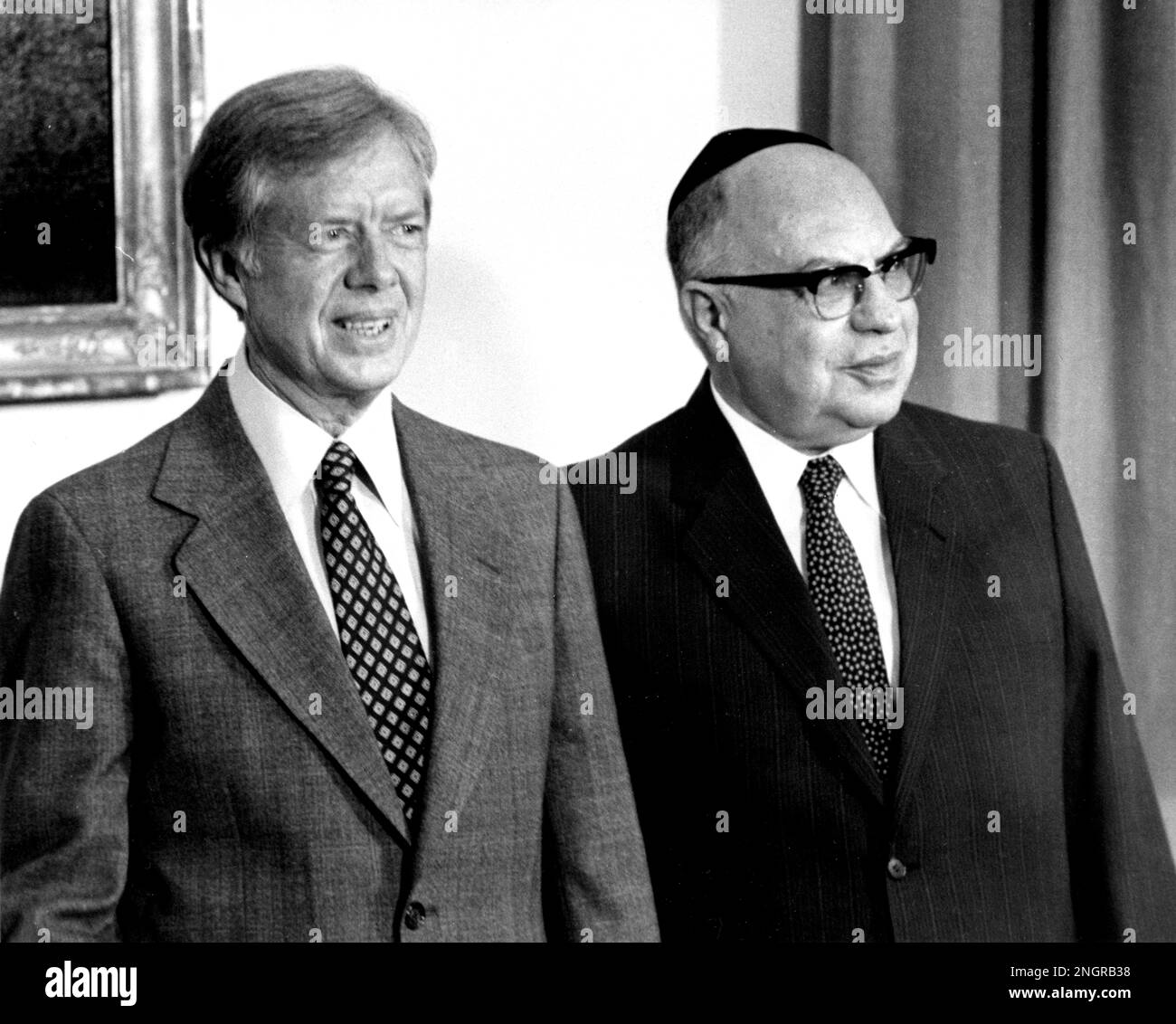 United States President Jimmy Carter, left, and Minister of Internal Affairs Shlomo Yosef Burg of Israel, right, as they meet with Foreign Minister Kamal Hassan Ali of Egypt in the Oval Office of the White House in Washington, DC on July 3, 1980. Credit: Benjamin E. 'Gene' Forte/CNP Stock Photo