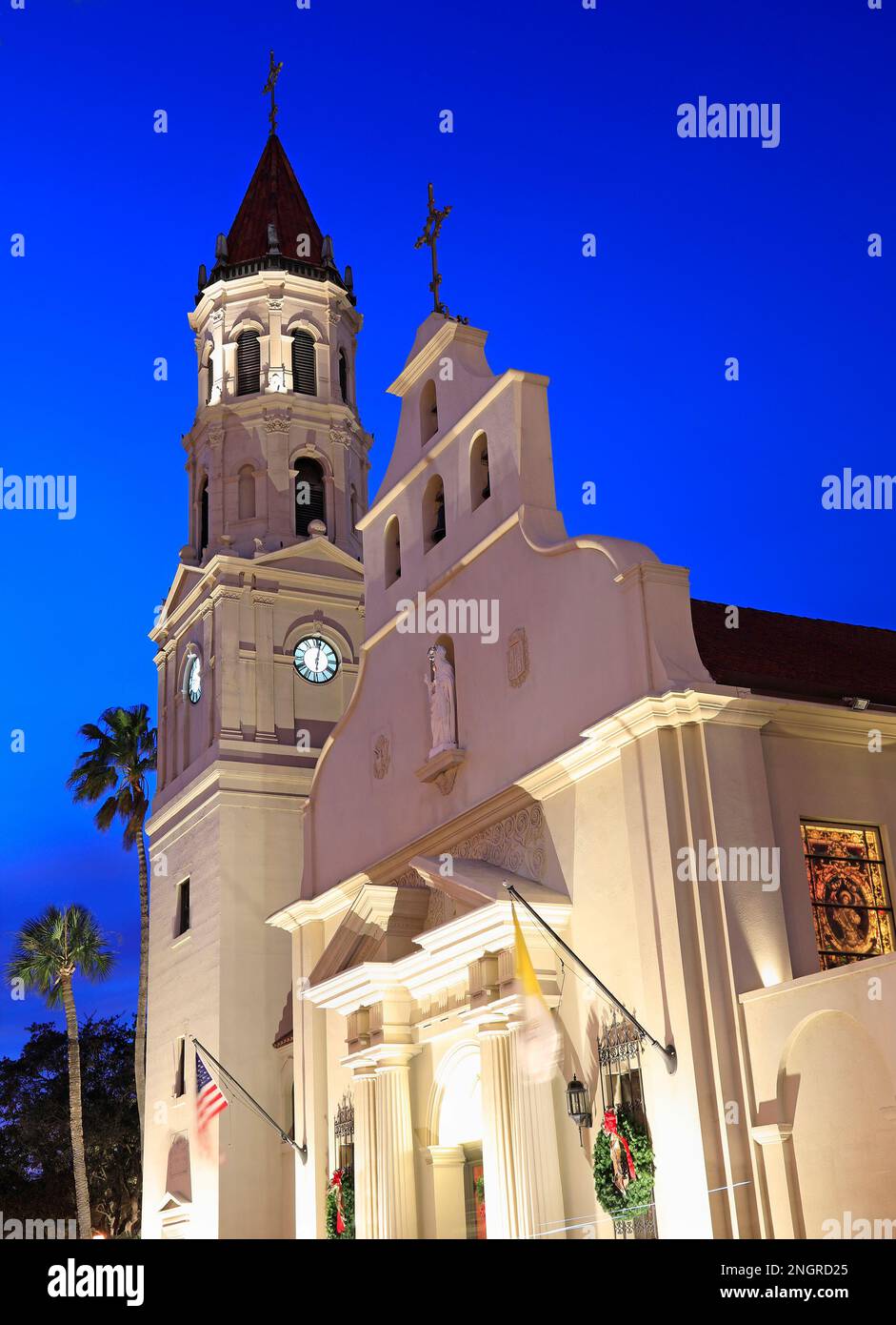 St. Augustine church illuminated at dusk in Florida, USA Stock Photo