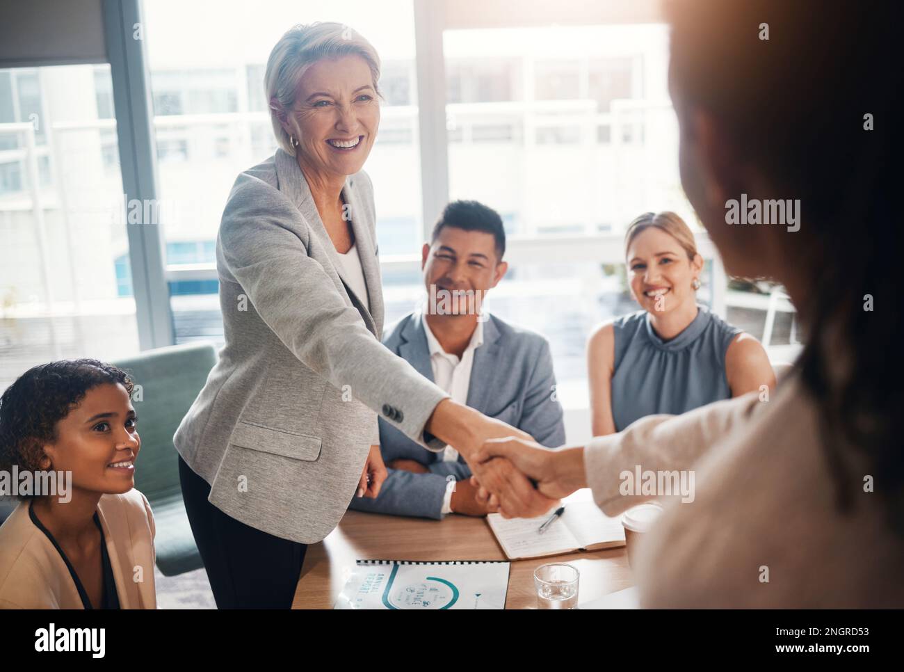 Ceo meeting, success or business people shaking hands after a contract agreement for working together. Diversity, company and happy management welcome Stock Photo