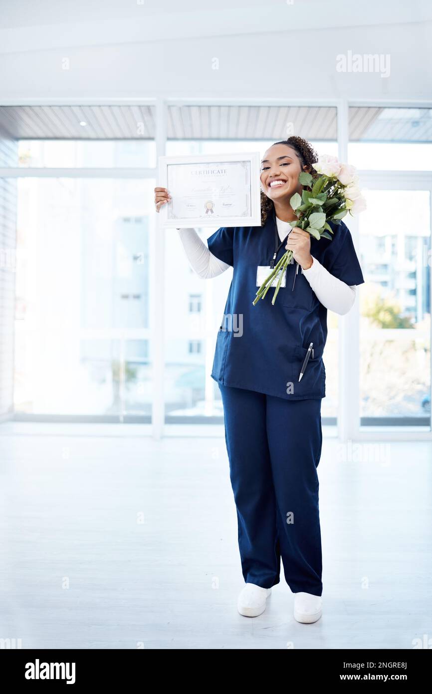 Nursing, celebration and black woman graduate with smile, flowers and