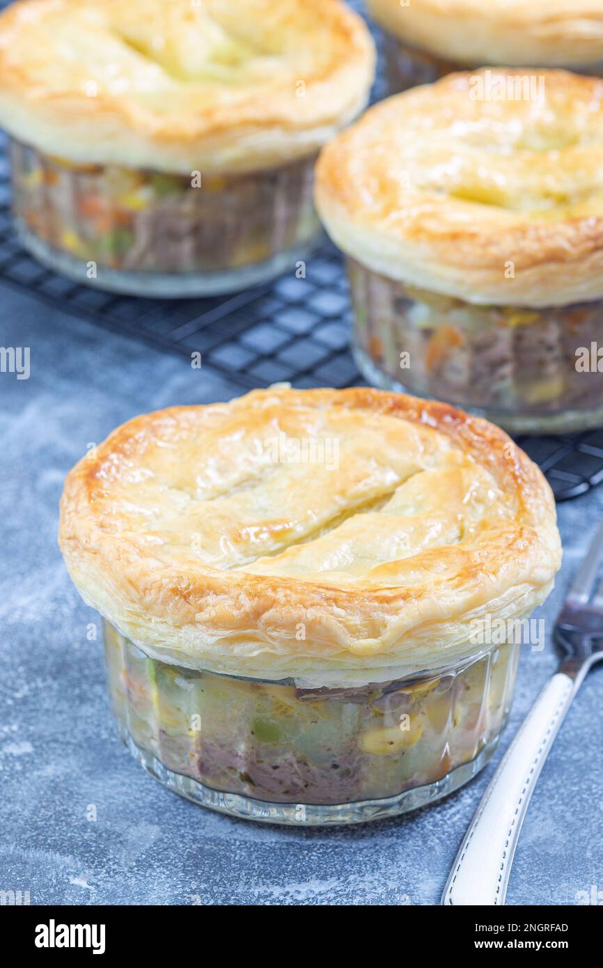 Individual beef pot pies or deep dish pies in ramekin and on a cooling