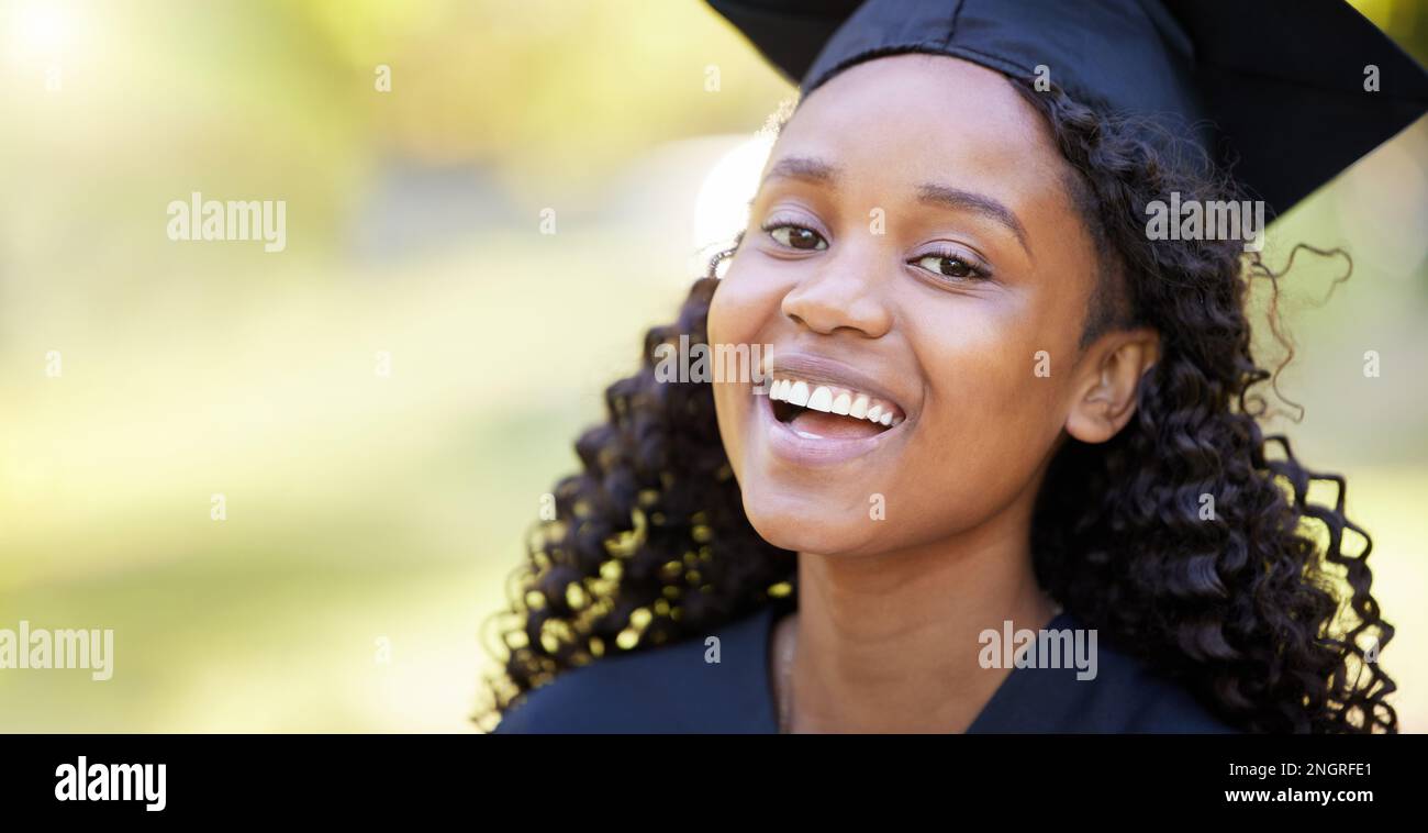 Happy, graduation and smile with portrait of black woman for education ...