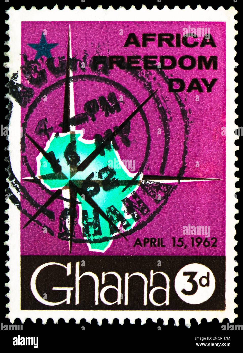 MOSCOW, RUSSIA - FEBRUARY 15, 2023: Postage stamp printed in Ghana shows Compass and Map of Africa, Africa Freedom Day serie, circa 1962 Stock Photo