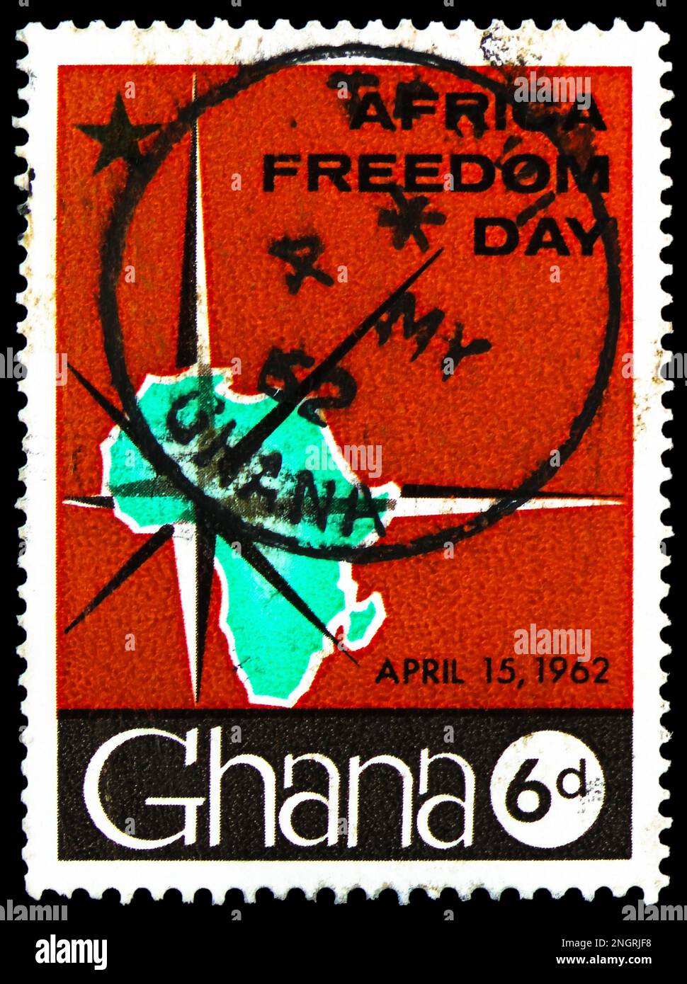 MOSCOW, RUSSIA - FEBRUARY 15, 2023: Postage stamp printed in Ghana shows Compass and Map of Africa, Africa Freedom Day serie, circa 1962 Stock Photo