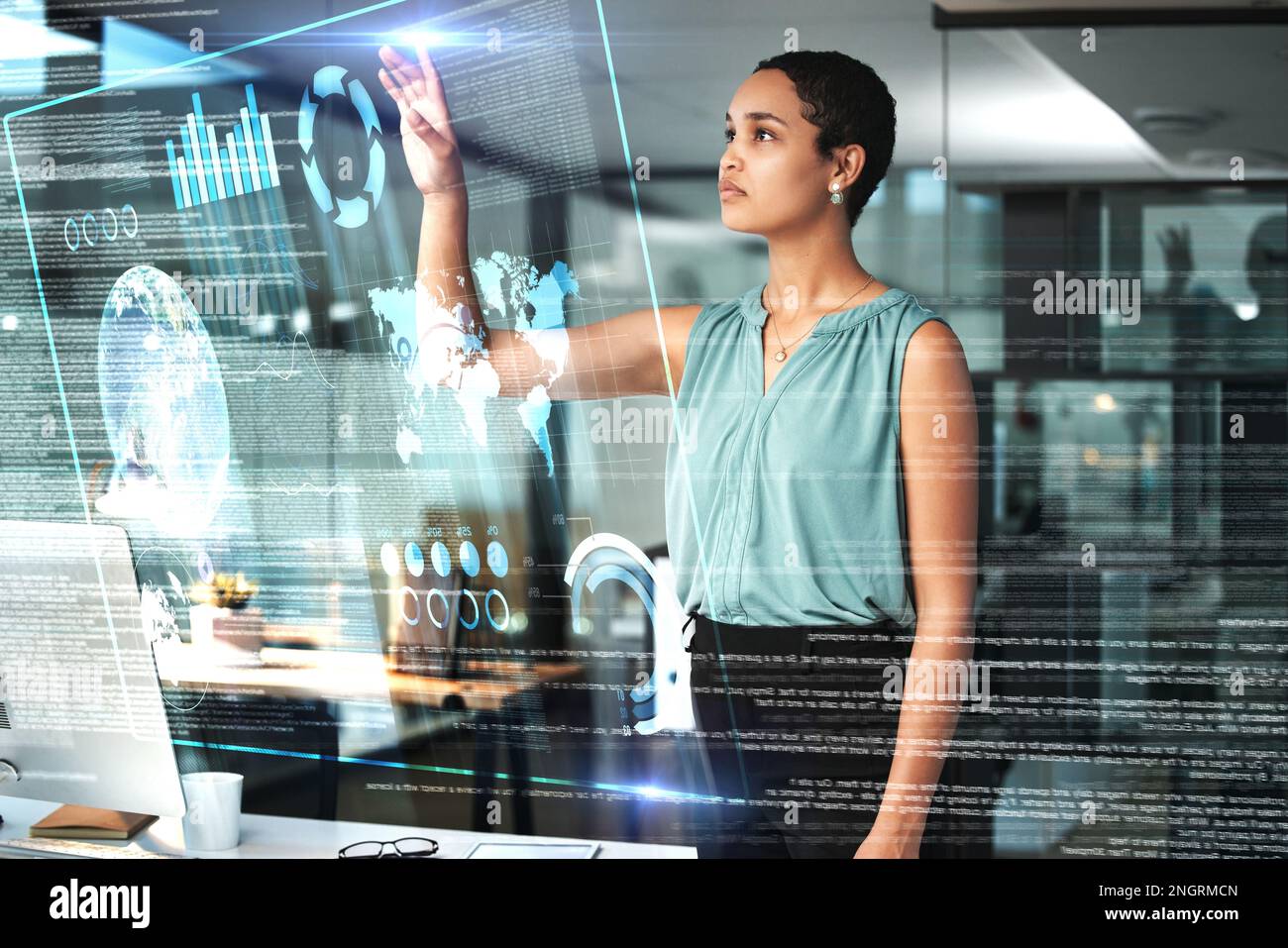 Globe, virtual reality and overlay with a business black woman using an ...