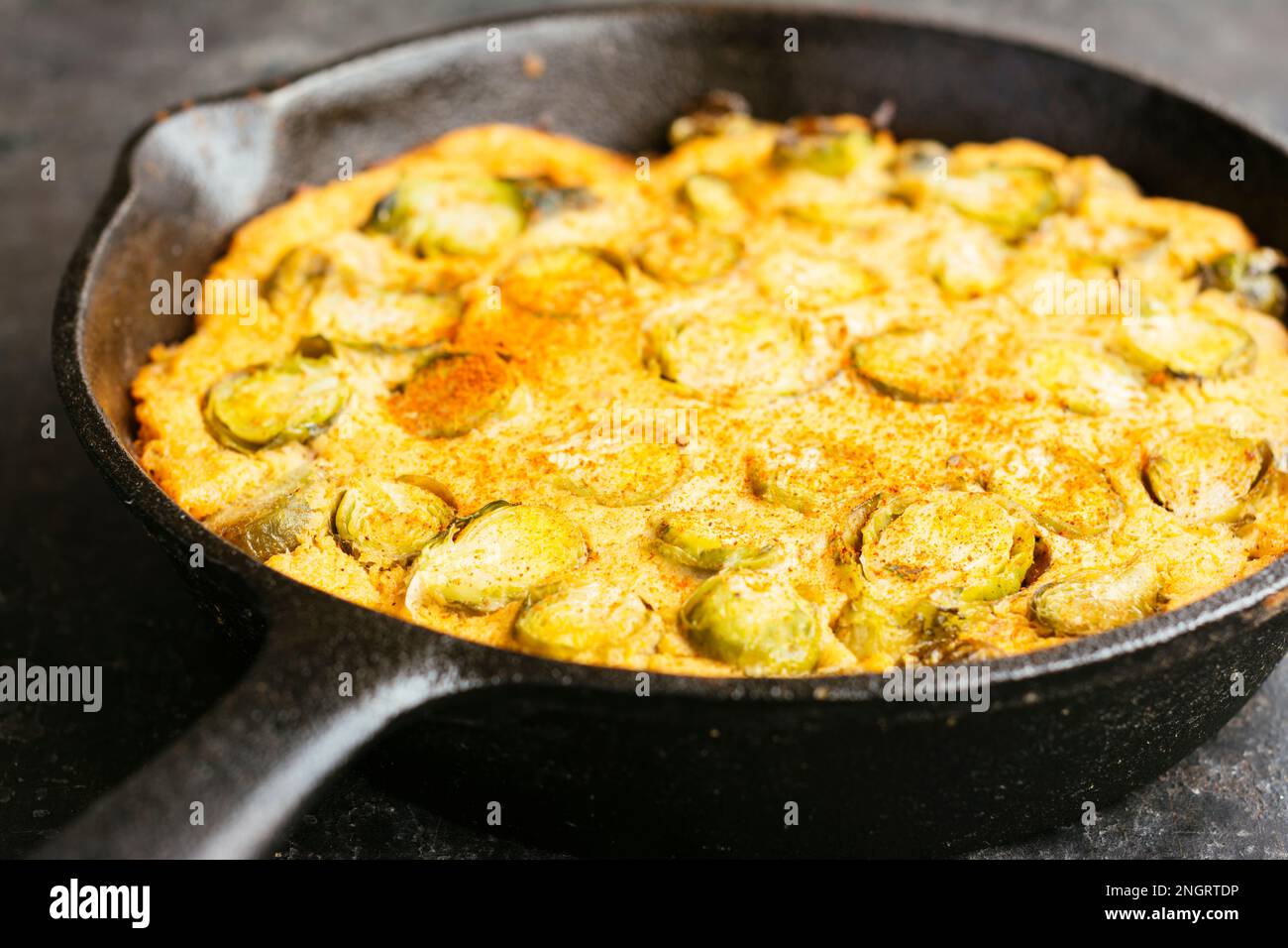 Home made vegan Brussels sprouts frittata using chickpea flour. Stock Photo