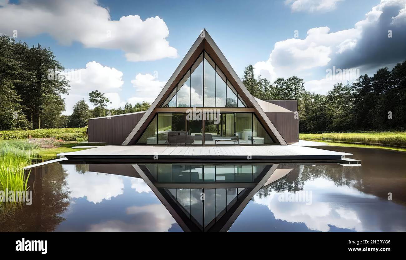 Pyramid Shaped Luxury Grey Ash Wood and Glass Scandinavian House with