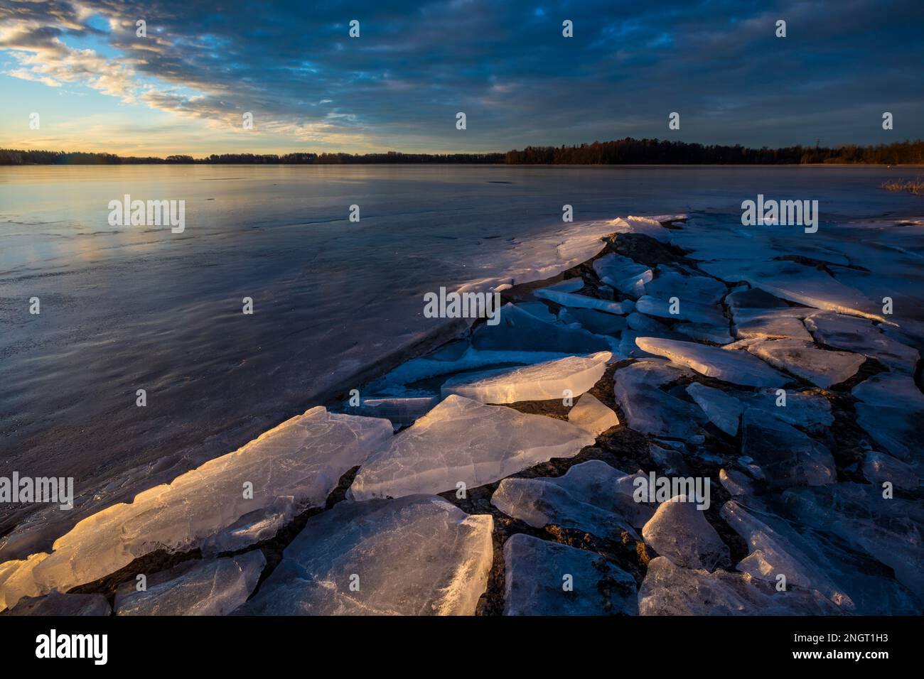 Cracked ice formation at dawn in the lake Vansjø, Østfold, Norway, Scandinavia, Stock Photo