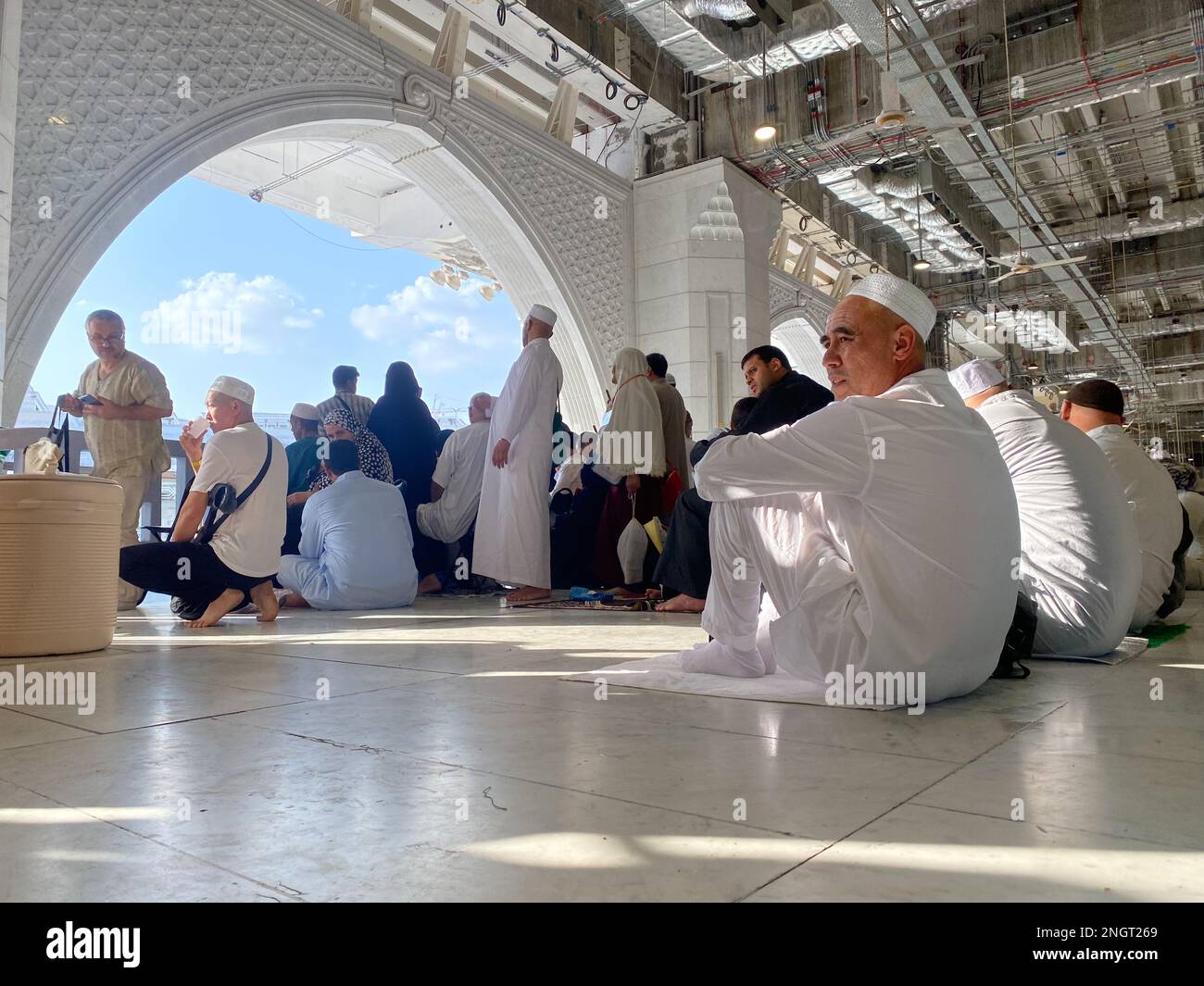 Muslim Pilgrims at The Kaaba in The Haram Mosque of Mecca , Saudi Arabia, In the morning performing umrah Stock Photo