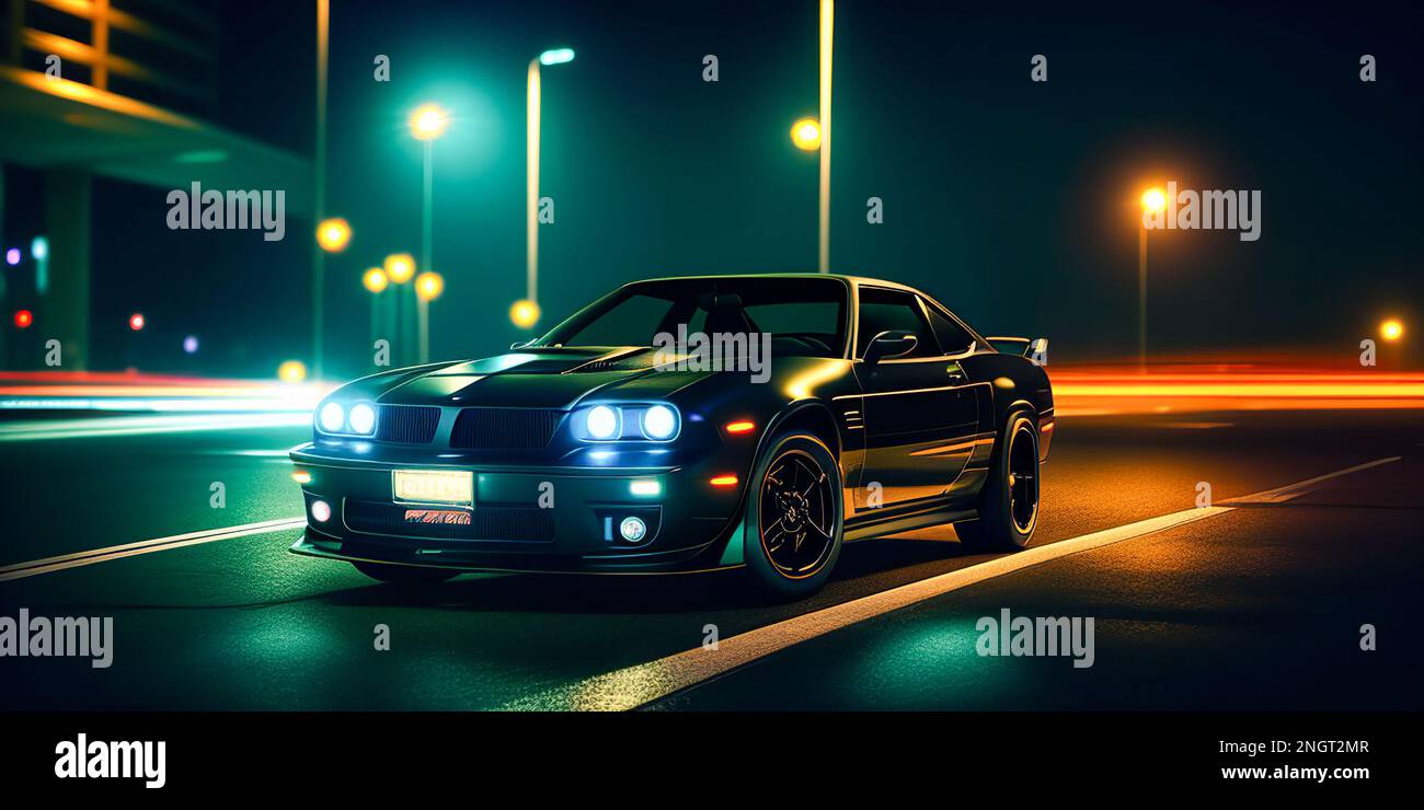 Sports car at night city. luxury sport carbon car. Through the dark