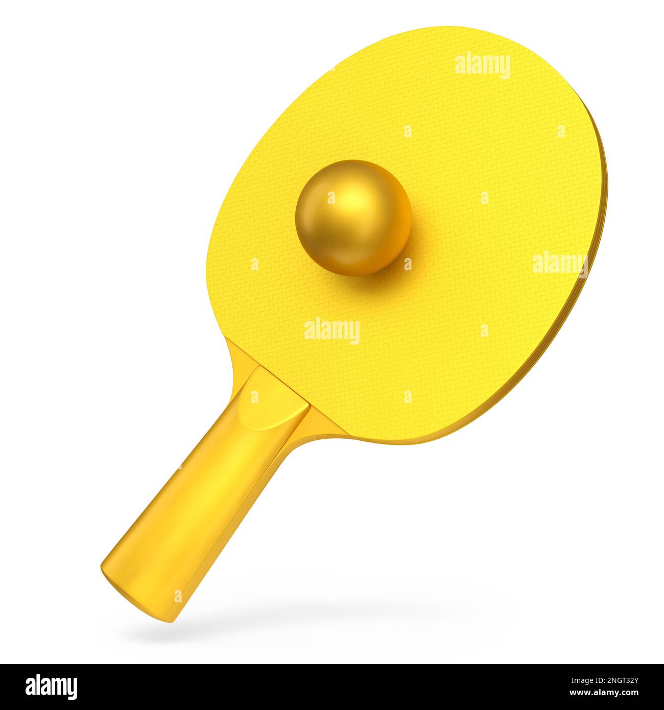 Yellow ping pong racket for table tennis with gold ball isolated on