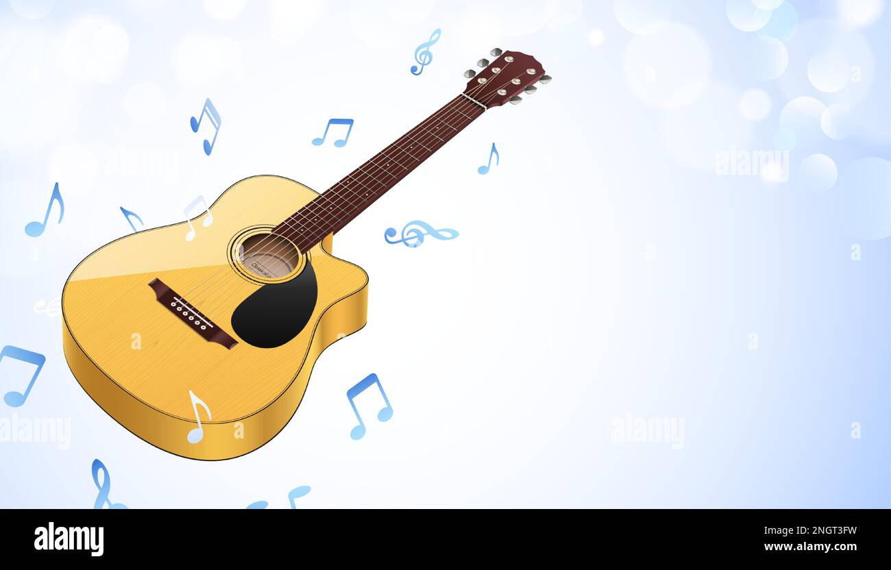 Classical guitar with music notes flying on a blue bokeh sky background. Instrumental vector