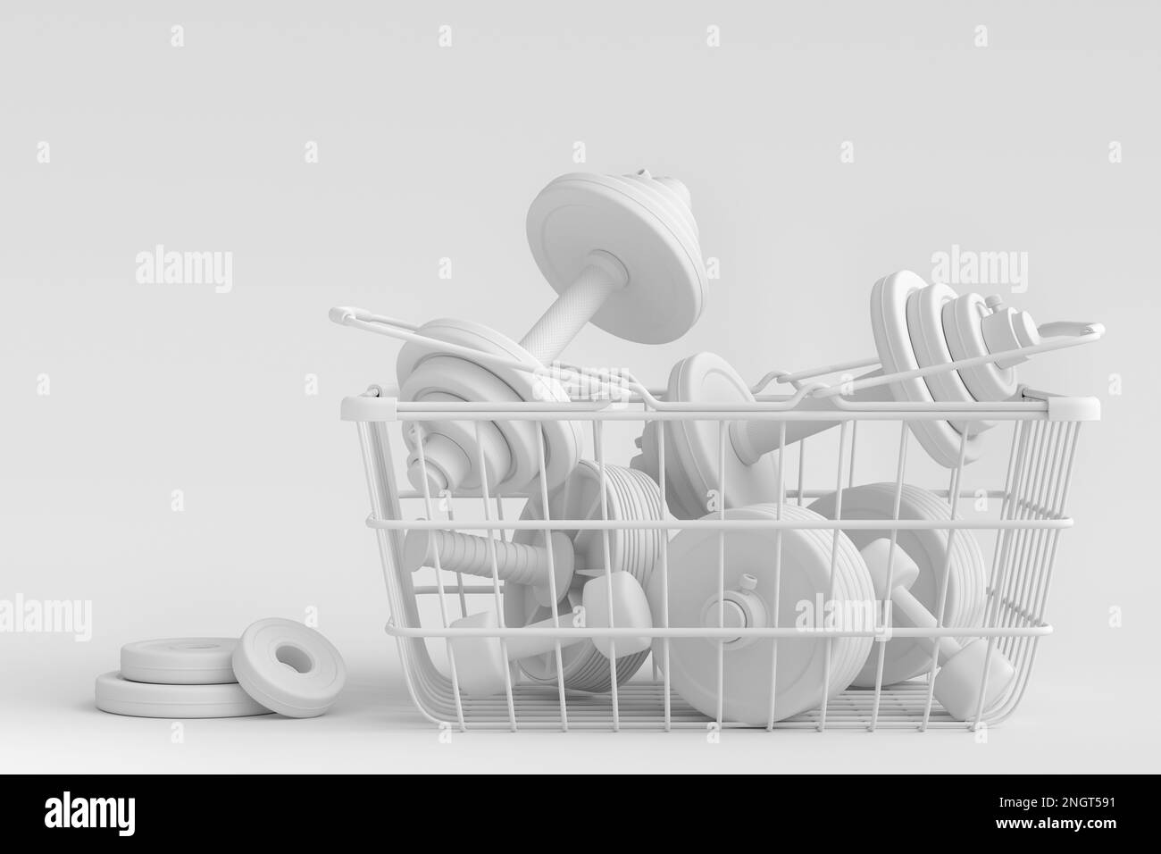 Sport equipment for fitness, gym in shopping basket on monochrome Stock