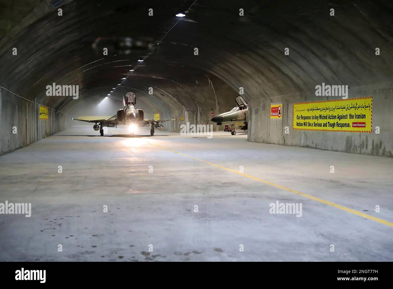 In this picture released Feb. 7, 2023, by the official website of the Iranian Army, a fighter jet taxis into Oghab-44, or Eagle-44, underground airbase in an undisclosed location in Iran. (Iranian Army via AP) Stock Photo