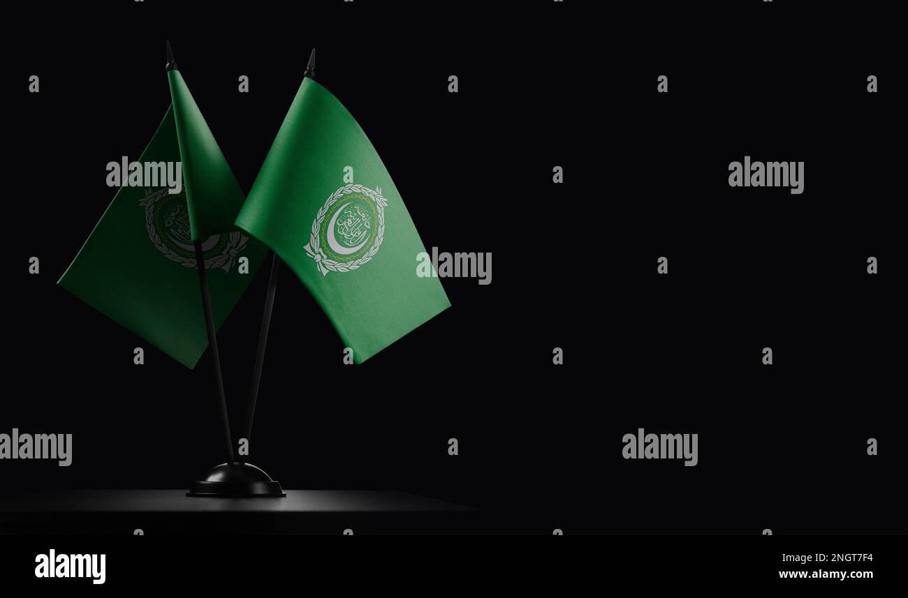 Small national flags of the Arab League on a black background. Stock Photo