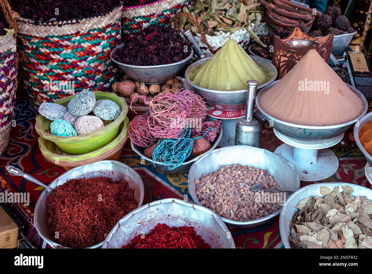 Variety of Spices and Arab Herbs at Traditional Oriental Bazaar at