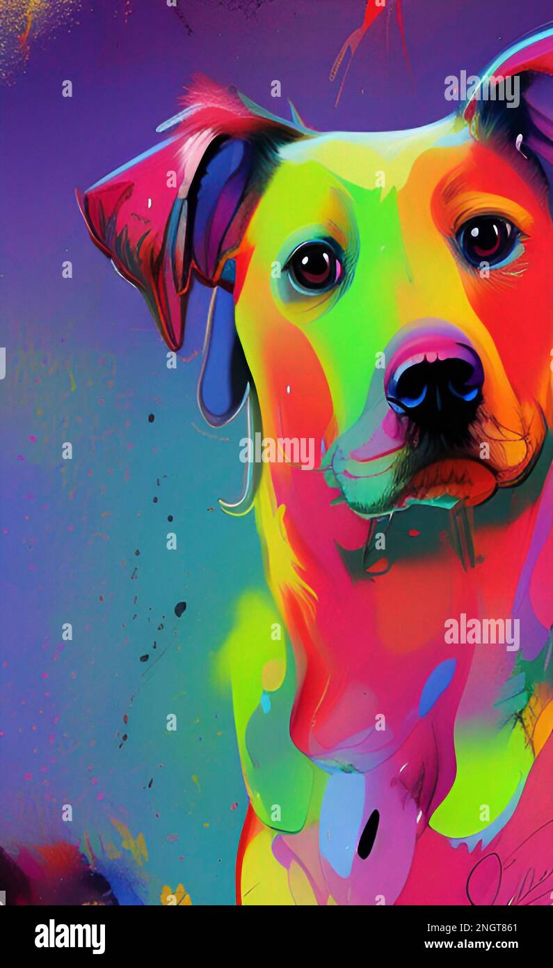 Colorful Dog Art, Fine Art Painting, Illustration Mascot Drawing