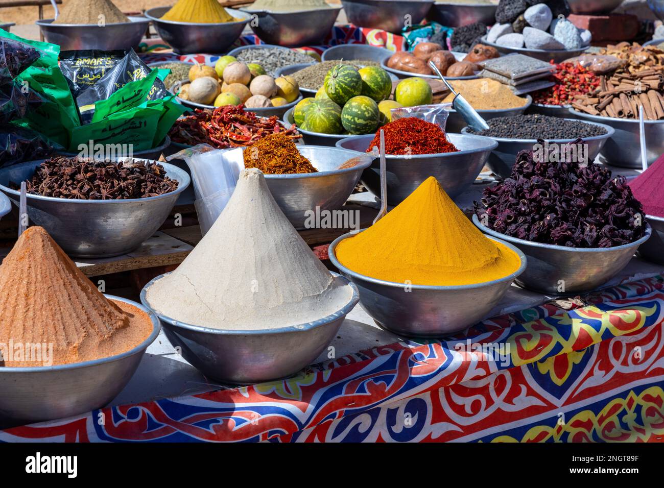 Variety of Spices and Arab Herbs at Traditional Oriental Bazaar at