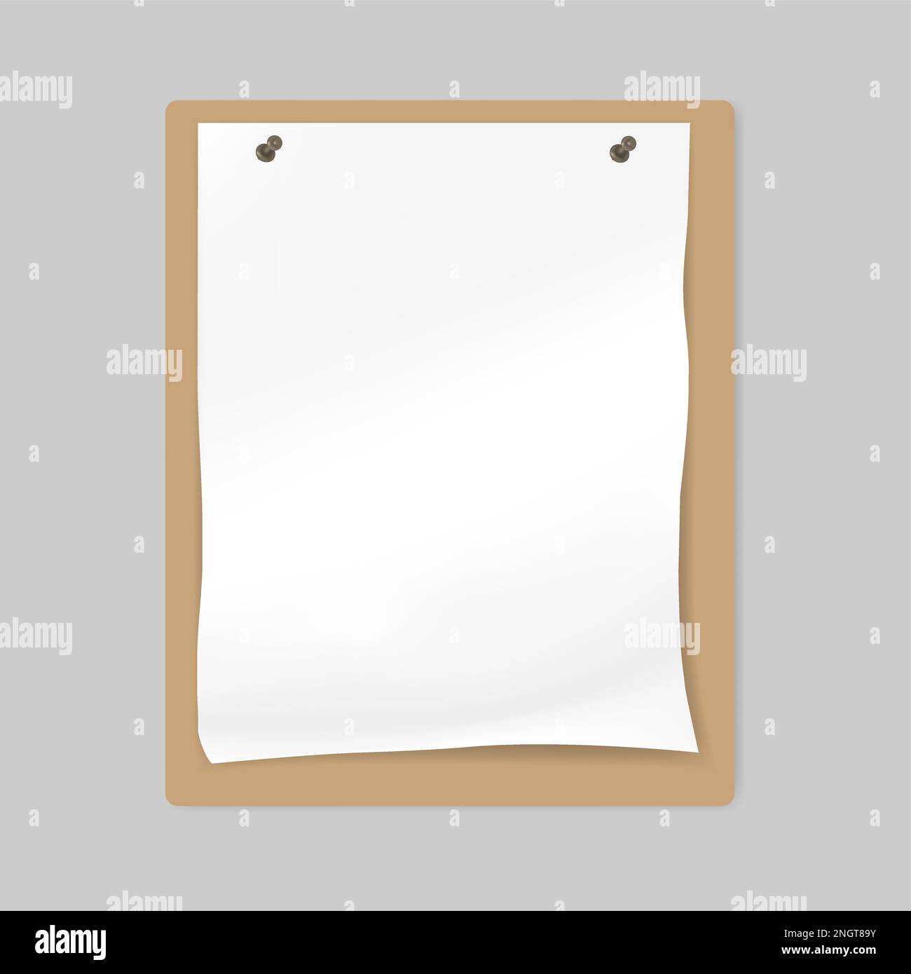 White blank crumpled paper sheet attached by push pins to bulletin board, mockup Stock Vector