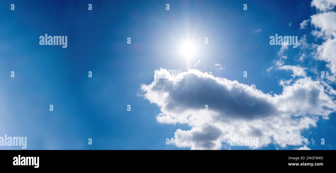 Blue sky background with clouds, Natural sky background with tiny clouds. Stock Photo