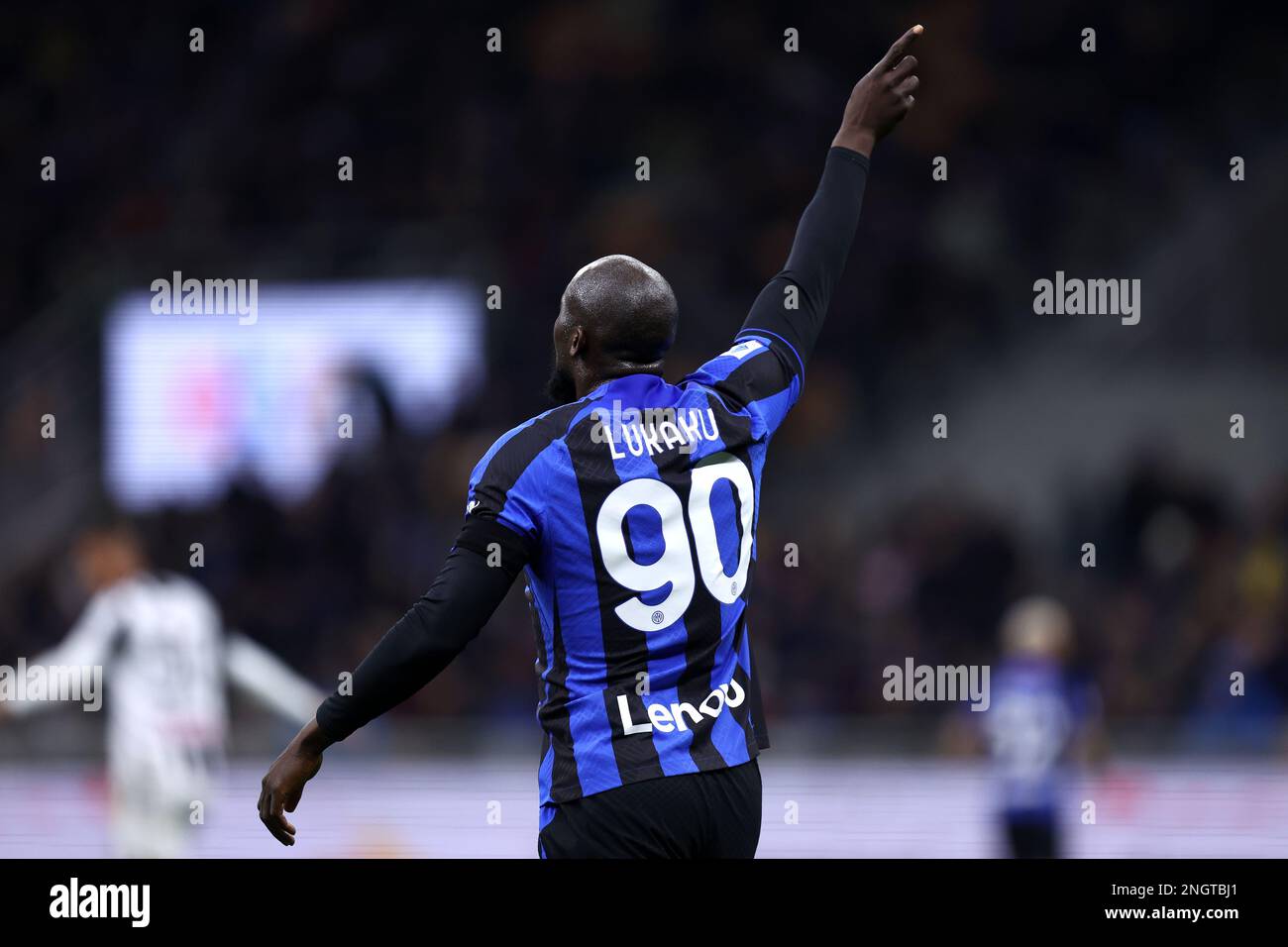 Romelu Lukaku of Fc Internazionale gestures during the  Serie A match beetween Fc Internazionale and Udinese Calcio at Stadio Giuseppe Meazza on February 18, 2023 in Milan  Italy . Stock Photo