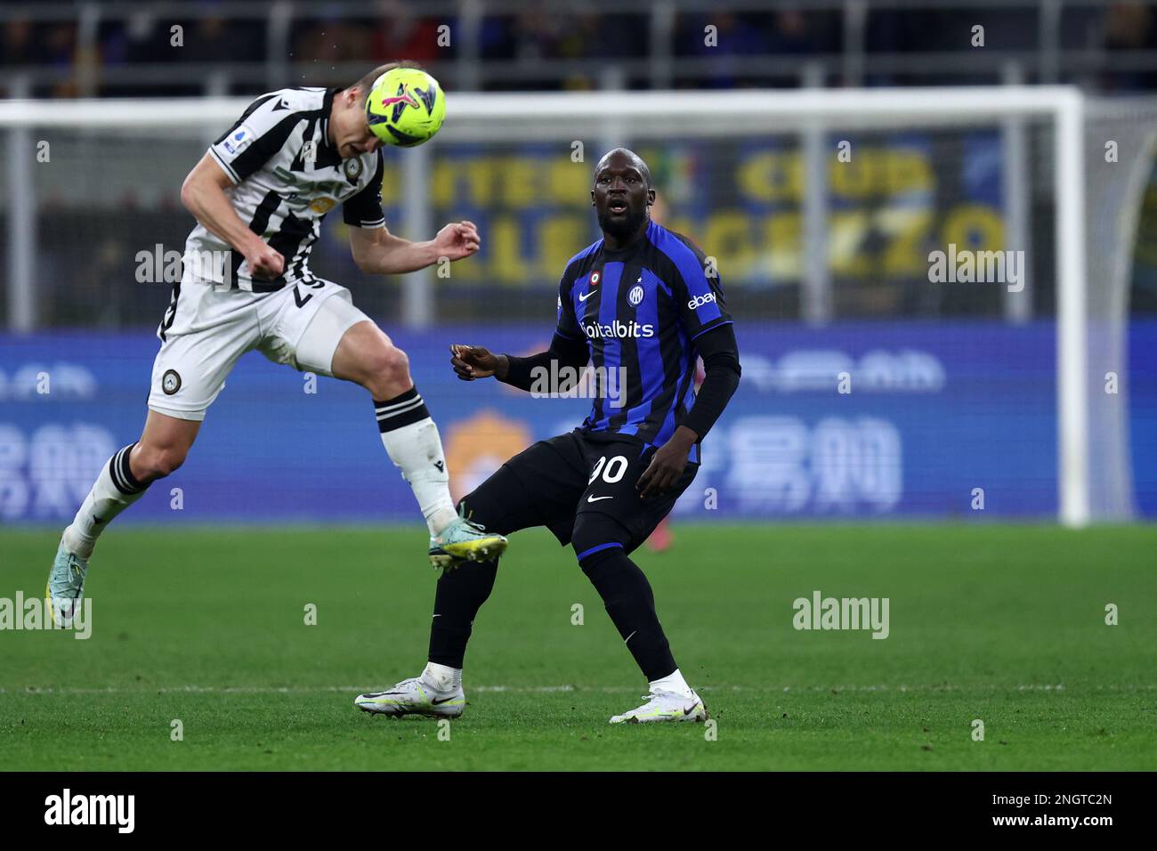 Milano, Italy. 18th Feb, 2023. Jaka Bijol of Udinese Calcio and Romelu Lukaku of Fc Internazionale battle for the ball during the Serie A match beetween Fc Internazionale and Udinese Calcio at Stadio Giuseppe Meazza on February 18, 2023 in Milan Italy . Credit: Marco Canoniero/Alamy Live News Stock Photo
