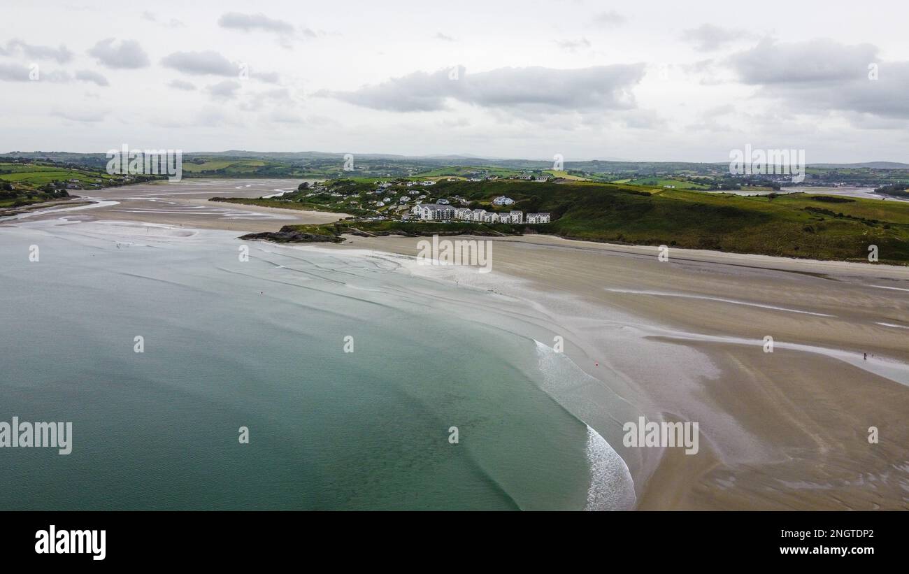 Inchydoney Beach in the Ireland on a cloudy summer day, top view. Seaside landscape. The famous Irish sandy beach. The coastline of the Atlantic Ocean Stock Photo