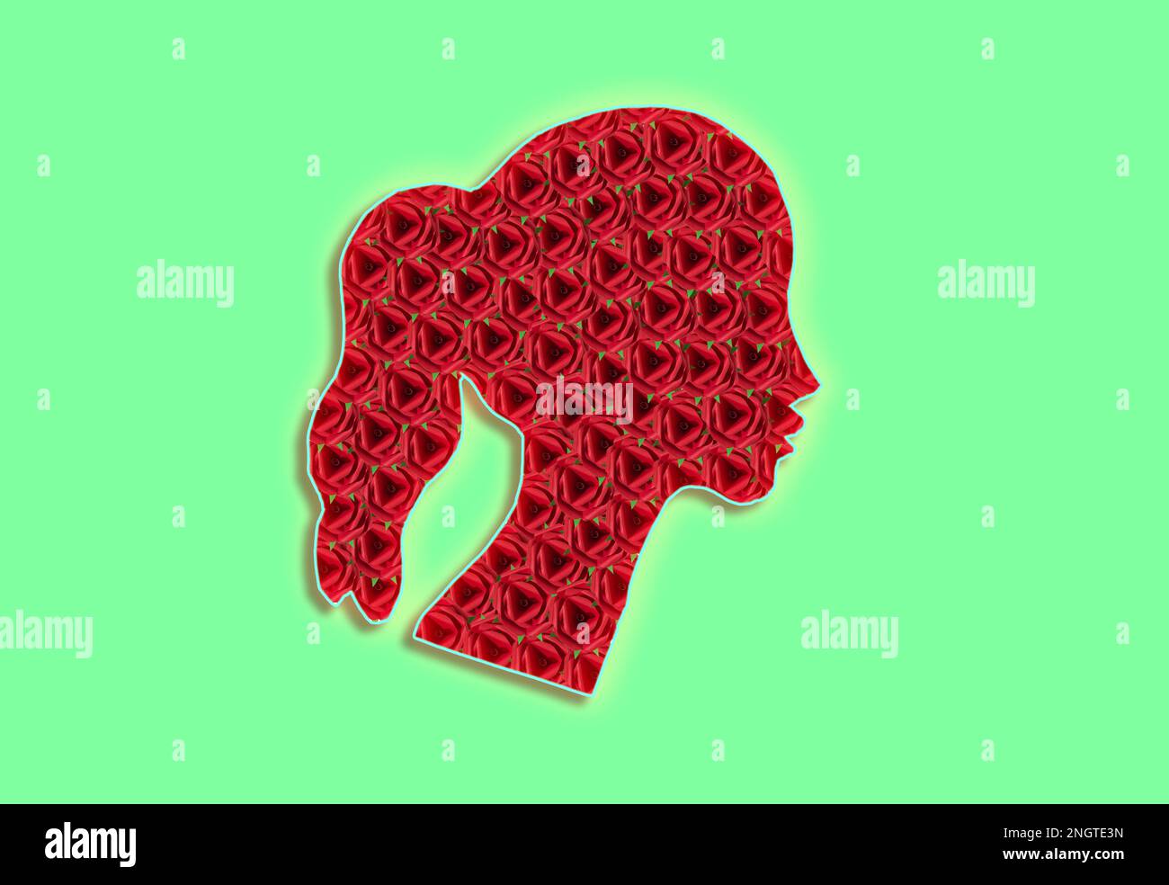 female rose head silhouette, glow head, creative holiday design, minimal Stock Photo
