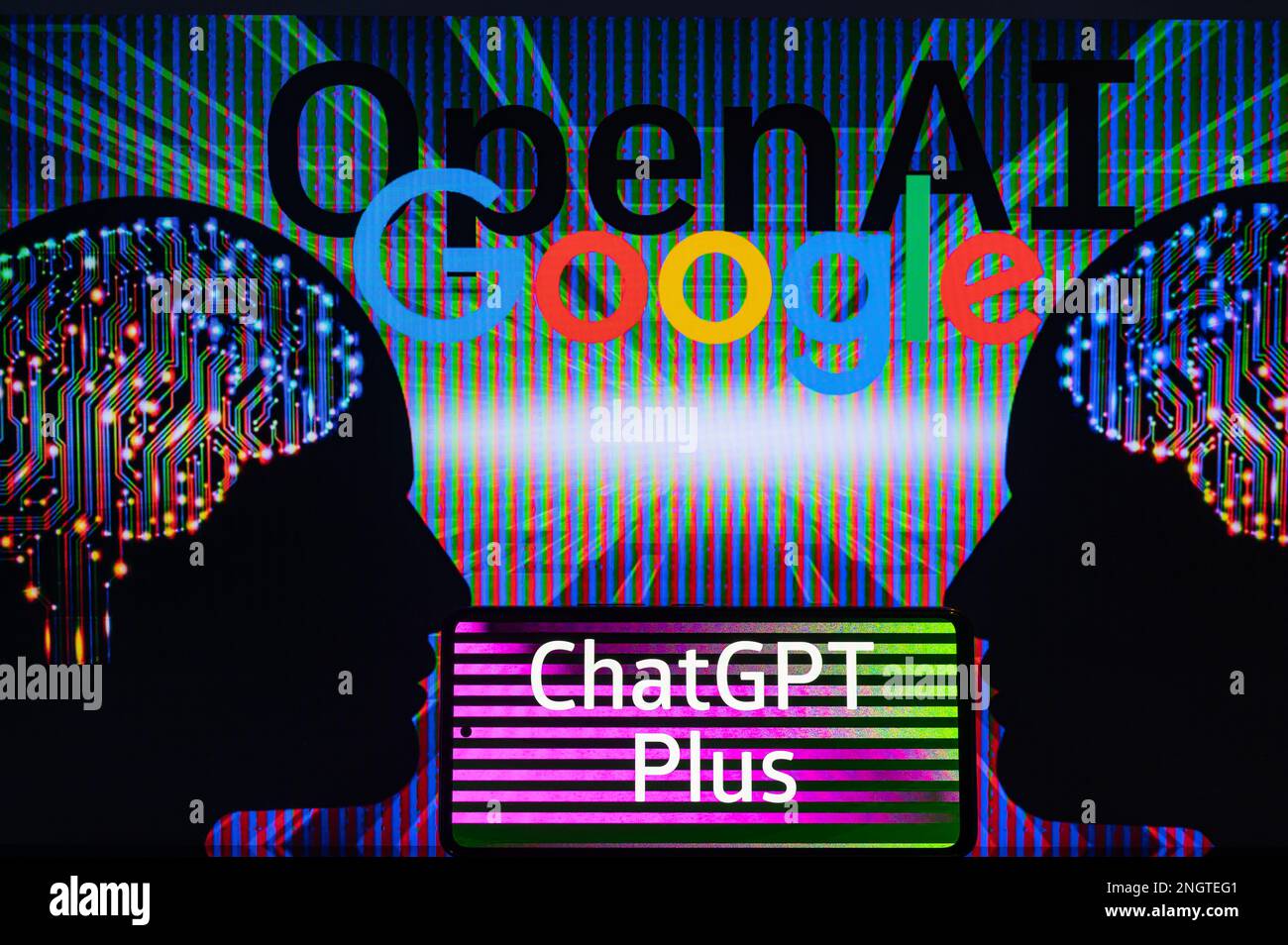 Google - OpenAI  displayed on screen with ChatGPT on mobile seen in this photo illustration. On 19 February 2023 in Brussels, Belgium. Stock Photo