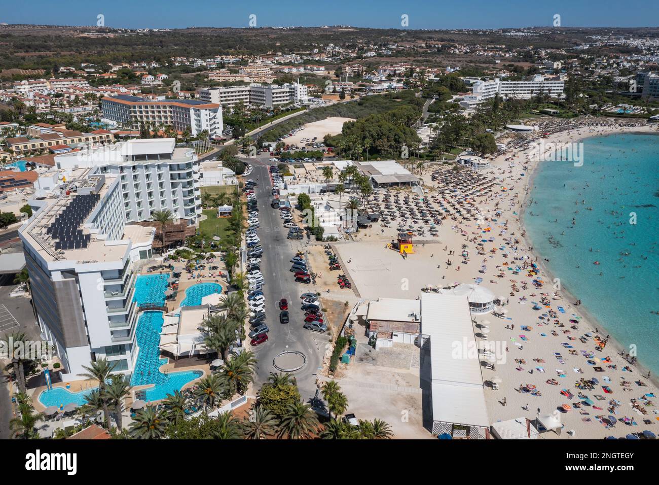 Aerial drone view of Nissi beach in Ajia Napa resort in Cyprus island country Stock Photo