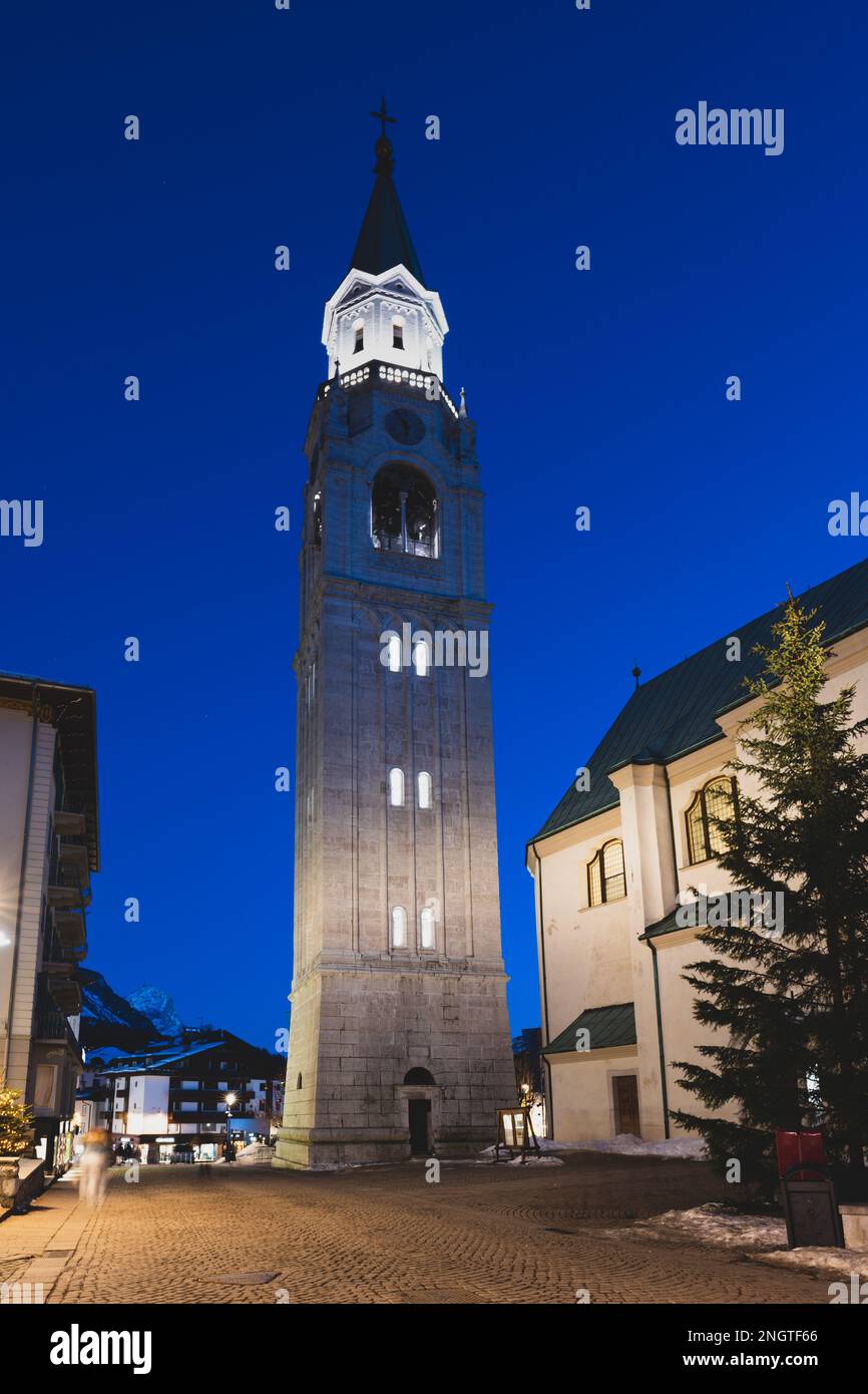 Campanile Belfry in Cortina d'Ampezzo at the Corso Italia PEdestrian Zone in Italy at Night Stock Photo