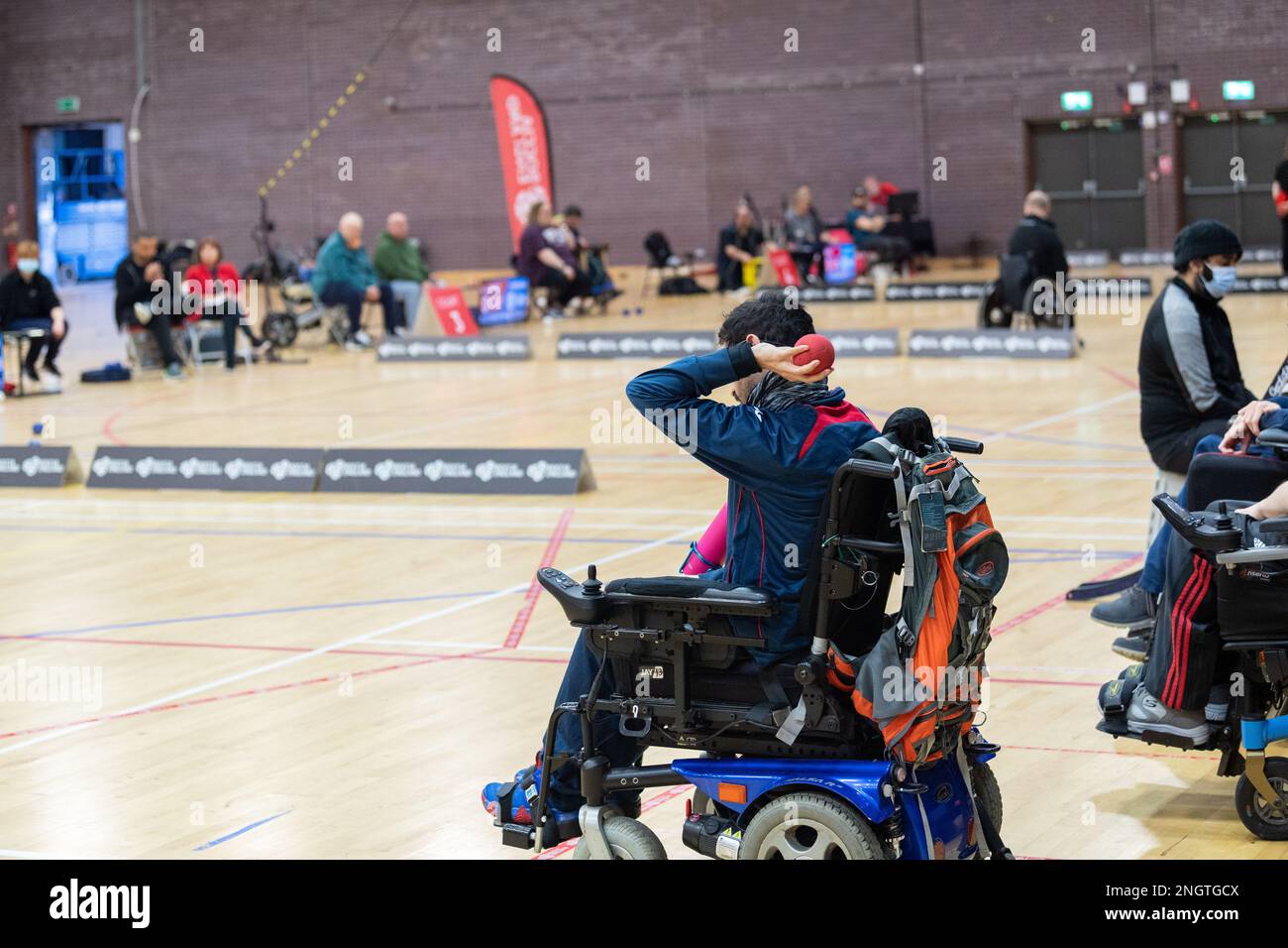 Brentwood Essex 19th Feb 2023 Boccia England Super league fixture at Brentwood Essex. Boccia is a Paralympic sport. It's a target ball sport which tests both muscle control and accuracy. From a seated position (and therefore ideal for wheelchair users) players propel balls to land close to a white marker ball - the jack. If a player is unable to grasp and propel a ball a ramp can be used. The Super League consists of the top eight Pan Disability teams in the country. Teams earn a place in this league through promotion from the National League. There are four fixture days which take place b Stock Photo