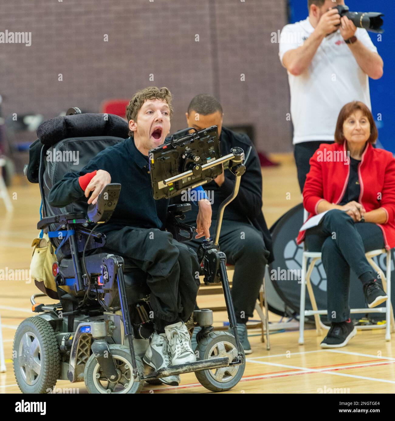 Brentwood Essex 19th Feb 2023 Boccia England Super league fixture at Brentwood Essex. Boccia is a Paralympic sport. It's a target ball sport which tests both muscle control and accuracy. From a seated position (and therefore ideal for wheelchair users) players propel balls to land close to a white marker ball - the jack. If a player is unable to grasp and propel a ball a ramp can be used. The Super League consists of the top eight Pan Disability teams in the country. Teams earn a place in this league through promotion from the National League. There are four fixture days which take place b Stock Photo