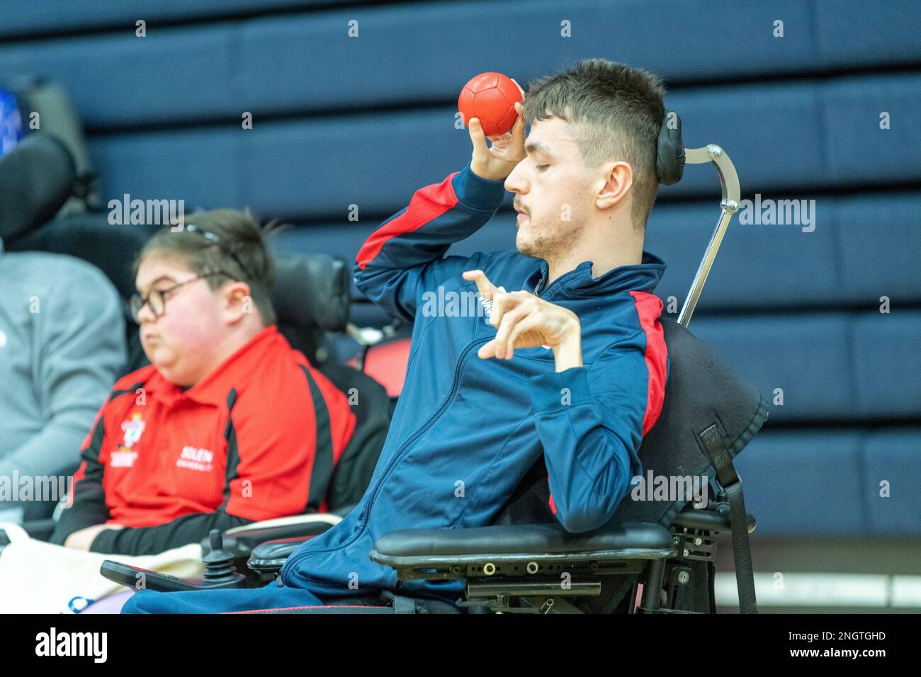 Brentwood Essex 19th Feb 2023 Boccia England Super league fixture at Brentwood Essex. Boccia is a Paralympic sport. It's a target ball sport which tests both muscle control and accuracy. From a seated position (and therefore ideal for wheelchair users) players propel balls to land close to a white marker ball - the jack. If a player is unable to grasp and propel a ball a ramp can be used. The Super League consists of the top eight Pan Disability teams in the country. Teams earn a place in this league through promotion from the National League. There are four fixture days which take place b Stock Photo