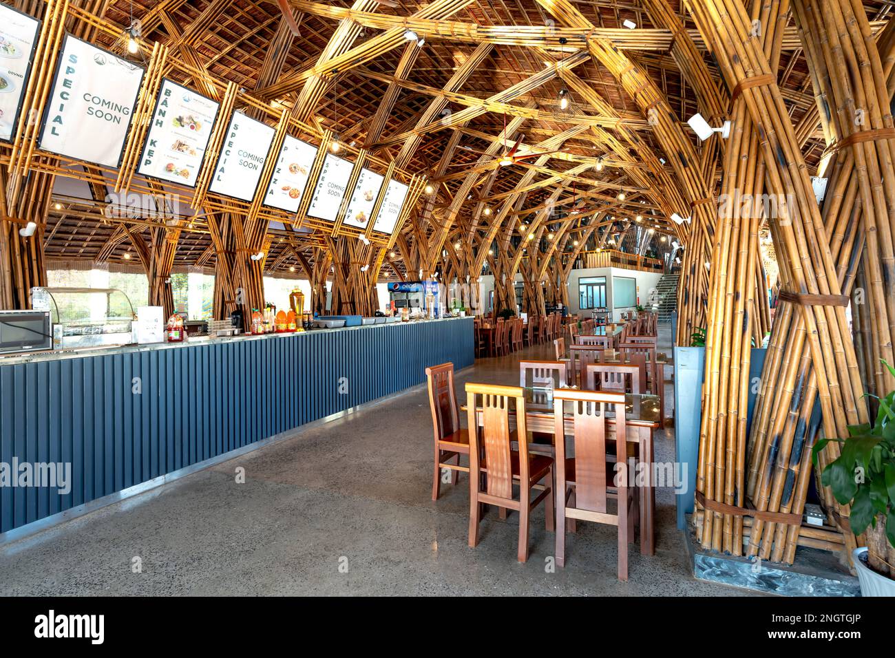 Unique architecture of a large restaurant made entirely from old bamboo