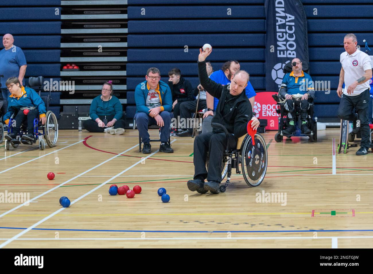 Brentwood Essex 19th Feb 2023 Boccia England Super league fixture at Brentwood Essex. Boccia is a Paralympic sport. It's a target ball sport which tests both muscle control and accuracy. From a seated position (and therefore ideal for wheelchair users) players propel balls to land close to a white marker ball - the jack. If a player is unable to grasp and propel a ball a ramp can be used. The Super League consists of the top eight Pan Disability teams in the country. Teams earn a place in this league through promotion from the National League. There are four fixture days which take place b Stock Photo