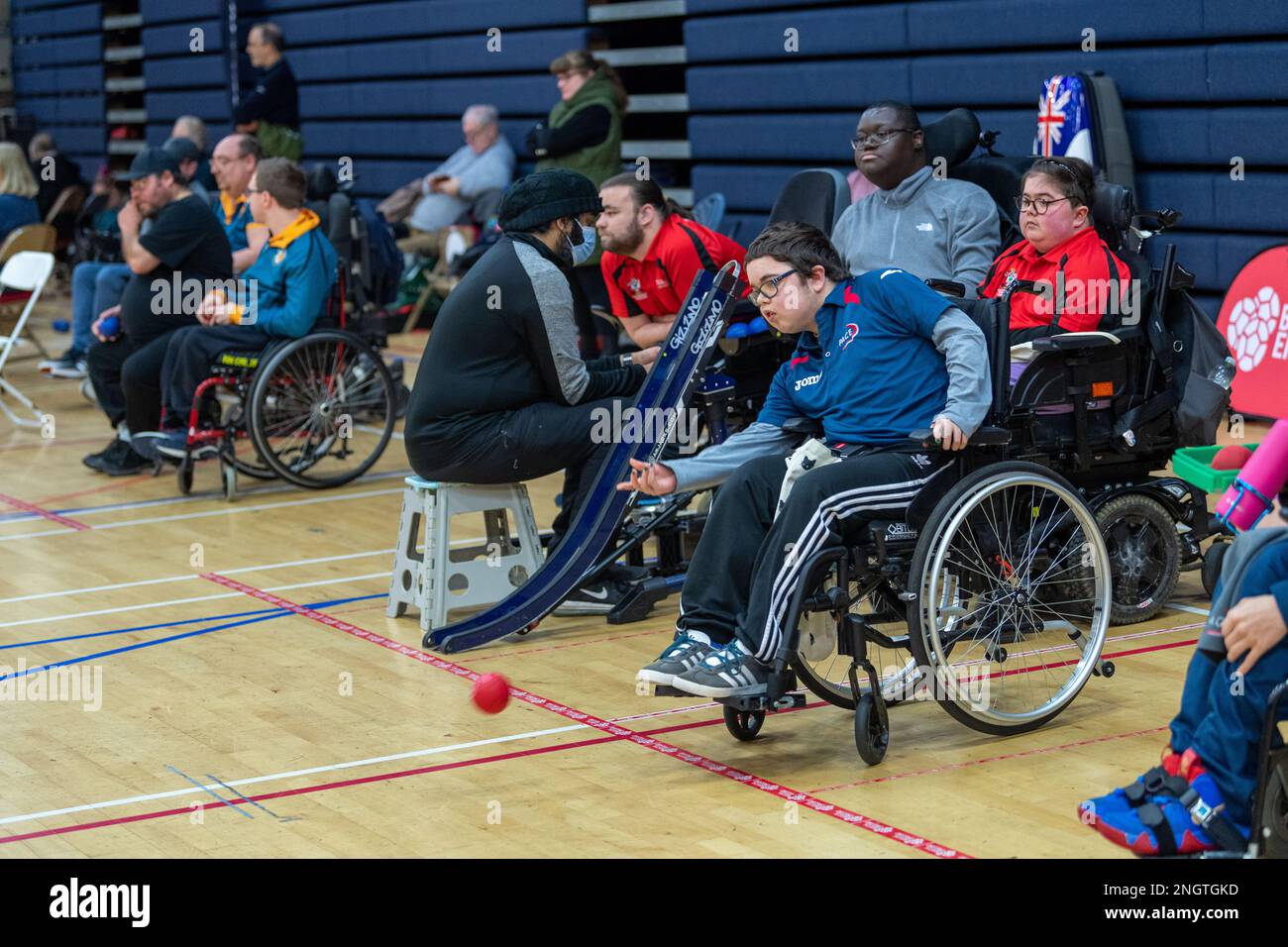 Brentwood Essex 19th Feb 2023 Boccia England Super league fixture at Brentwood Essex. Boccia is a Paralympic sport. It's a target ball sport which tests both muscle control and accuracy. From a seated position (and therefore ideal for wheelchair users) players propel balls to land close to a white marker ball - the jack. If a player is unable to grasp and propel a ball a ramp can be used. The Super League consists of the top eight Pan Disability teams in the country. Teams earn a place in this league through promotion from the National League. There are four fixture days which take place b Stock Photo